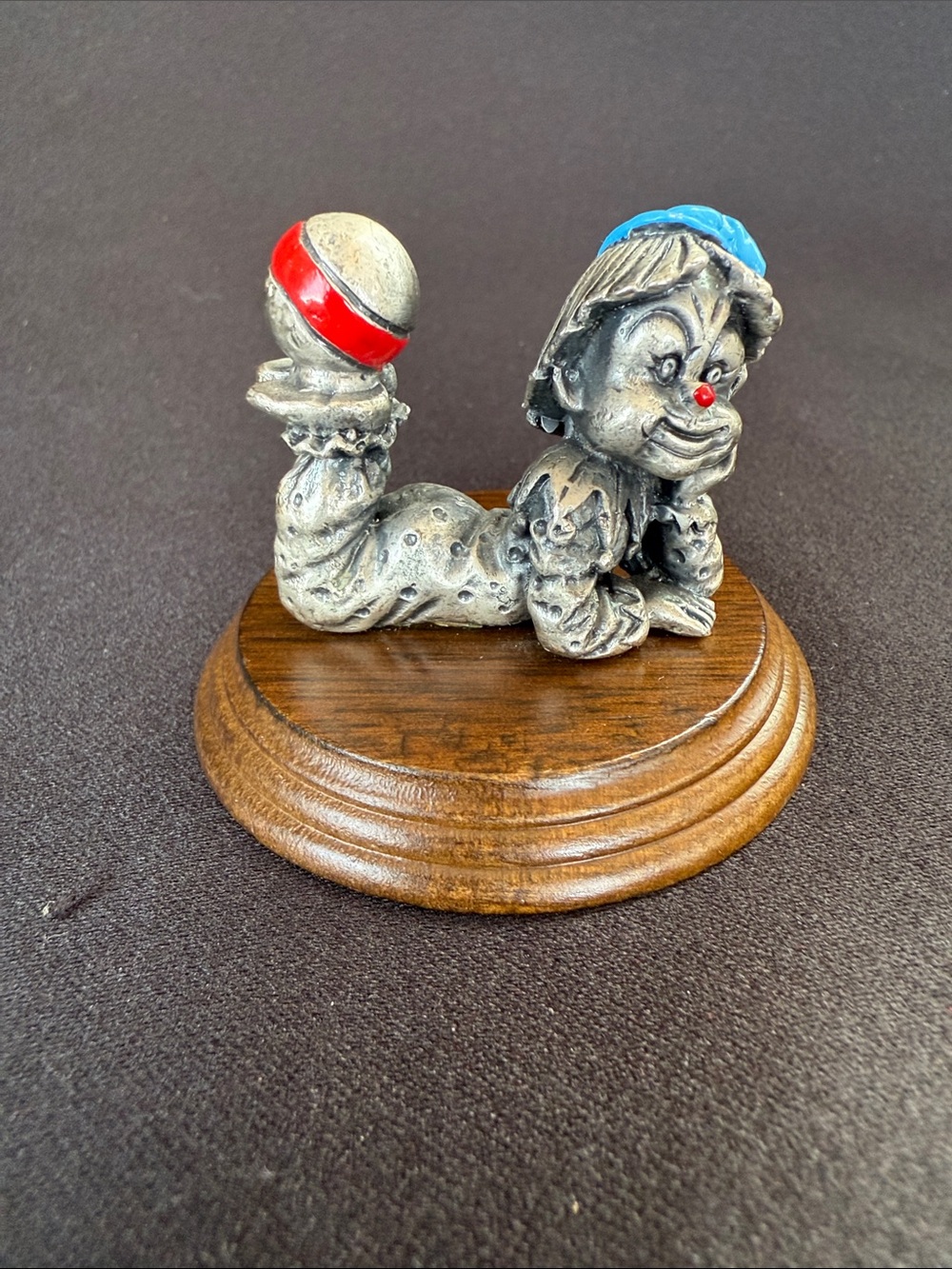 Vintage George Good Pewter Clown Balancing Ball On Feet Figurine on Wood Base